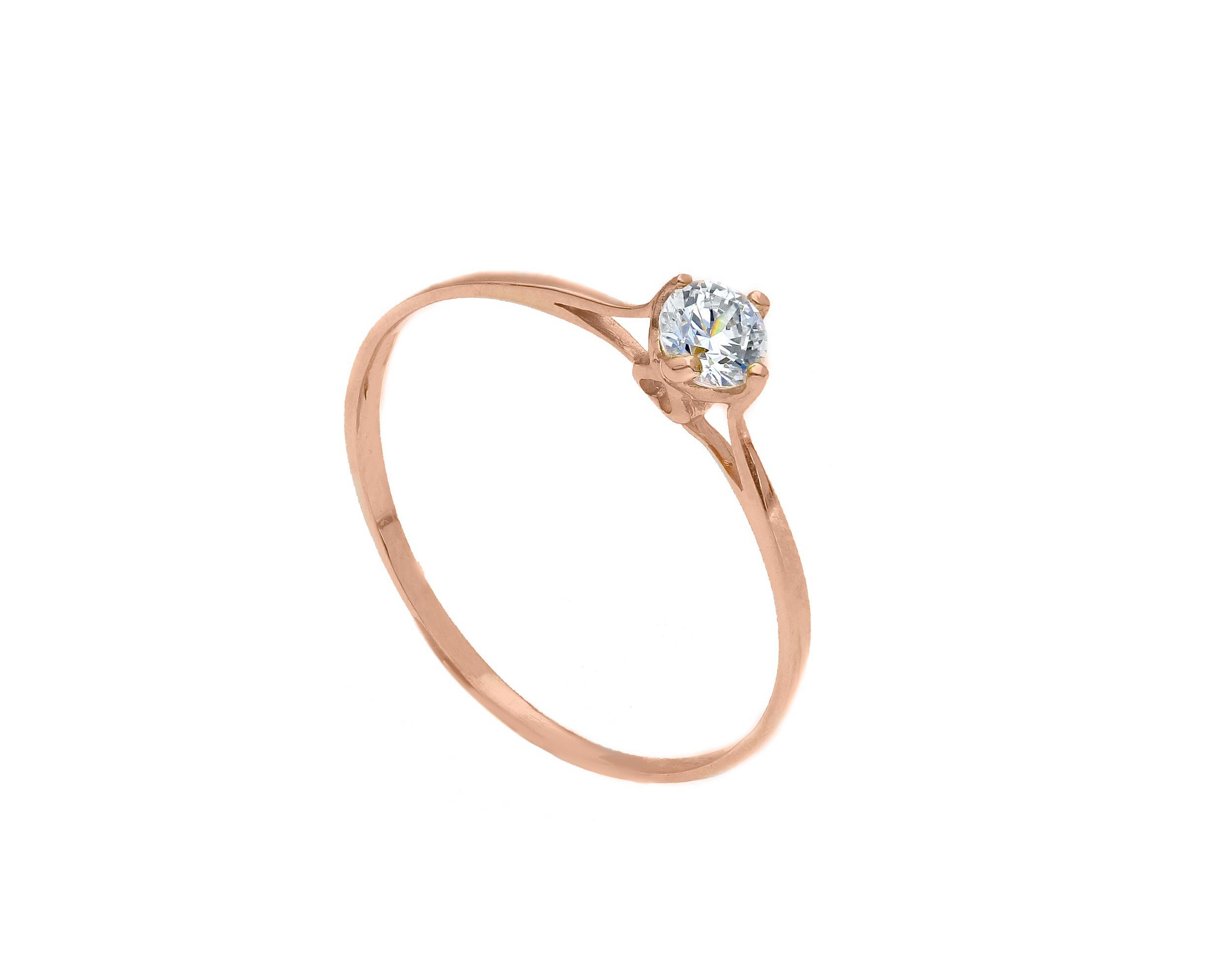 Single stone k14 rose gold ring with zirkon on four teeth bezel (S253268)
